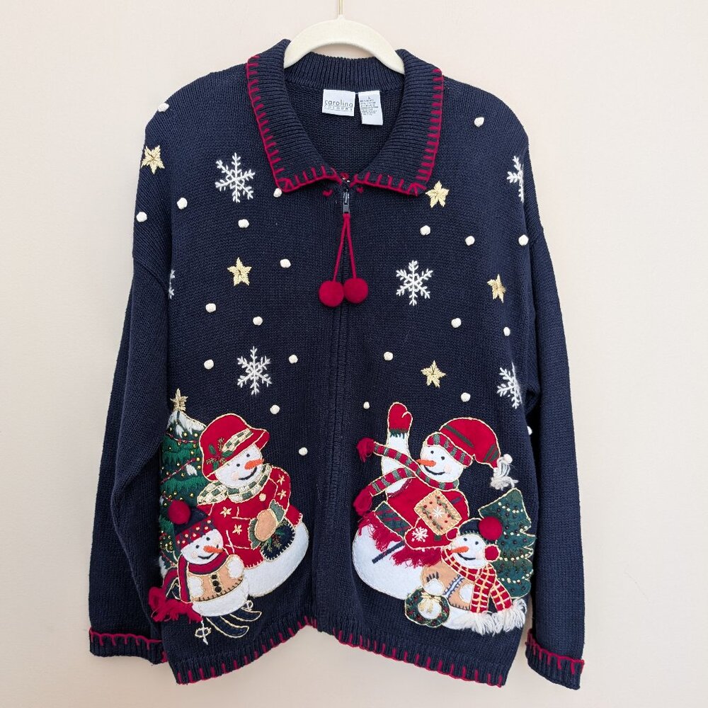 VINTAGE Carolina Colors Christmas Cardigan snowmen and stars on navy blue EUC L